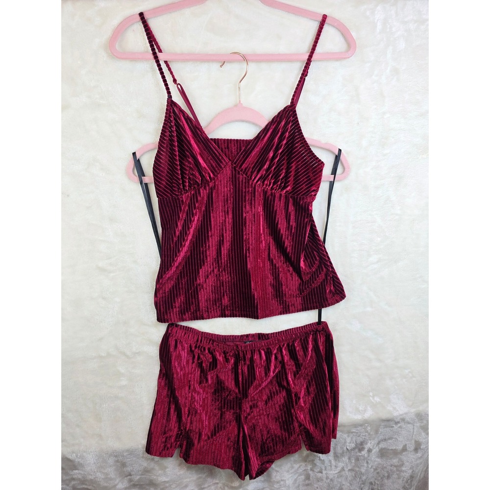 INC International Concepts Intimates Ribbed Velvet Pajama Set Burgundy Small‎